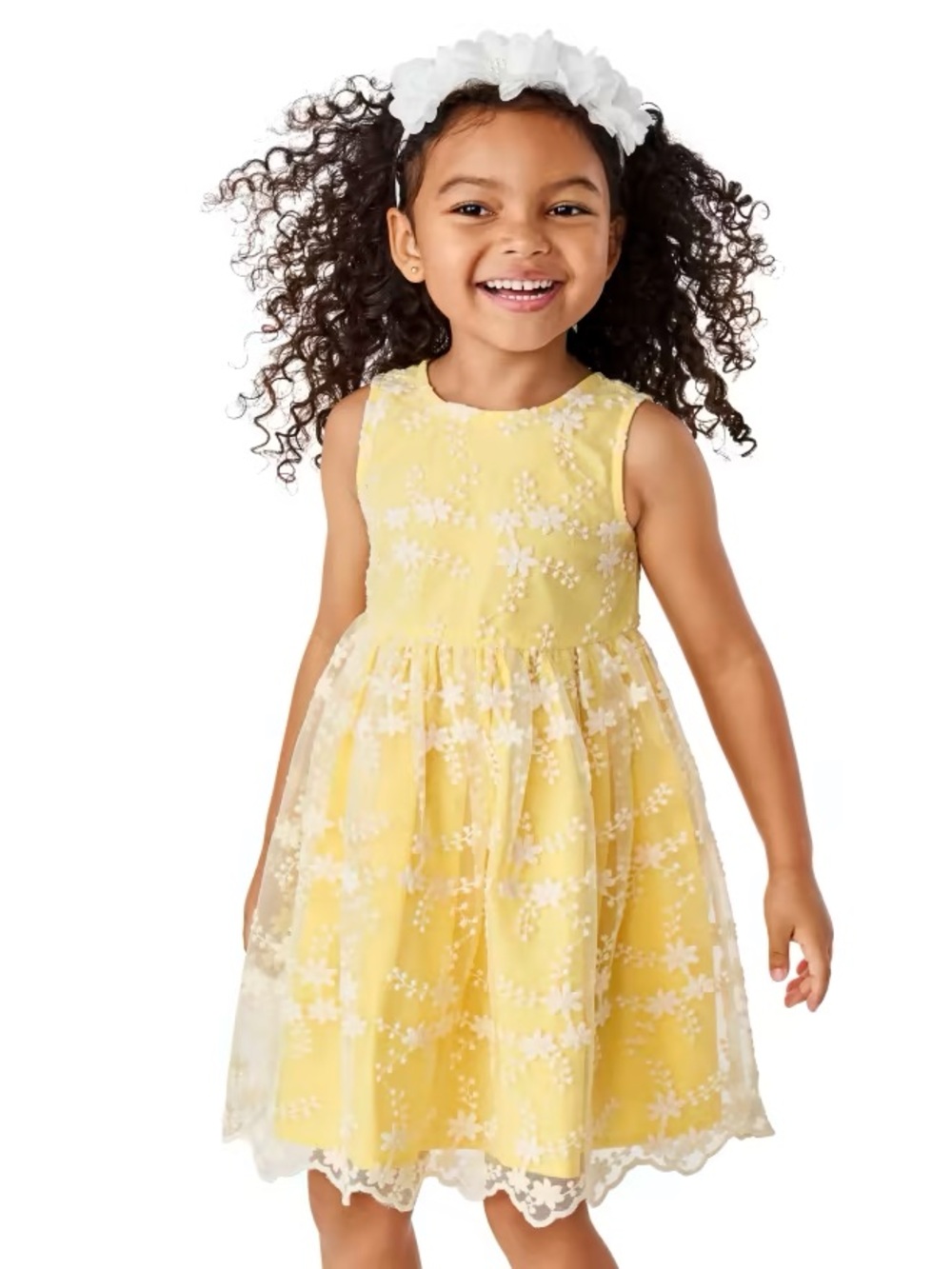 Gymboree Sleeveless Yellow Dress with Floral Lace Overlay and Scalloped Hem
